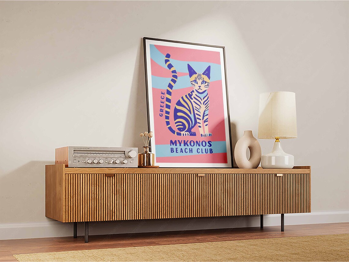 Mykonos Beach Club Greece Cat Colorful Retro Travel Wall Art - Image 2