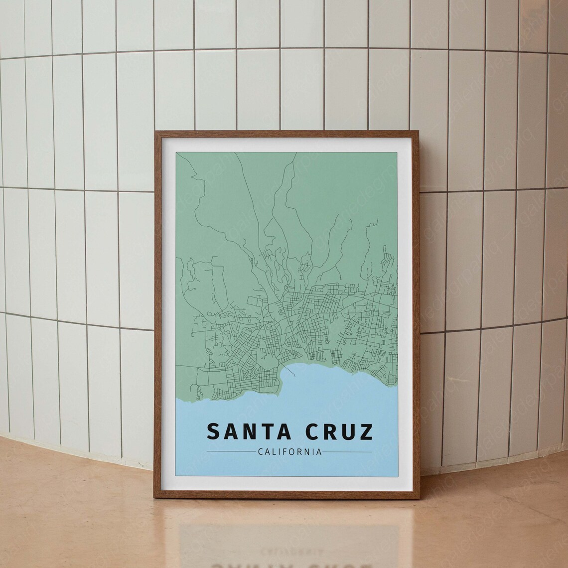 Santa Cruz California City Map Minimalist Green Blue Coast Poster