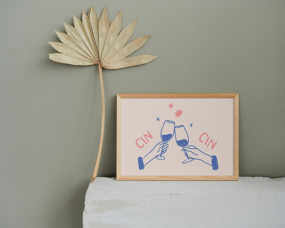 Cin Cin Wine Glasses Cheers Toast Line Art French Kitchen Poster - Image 2