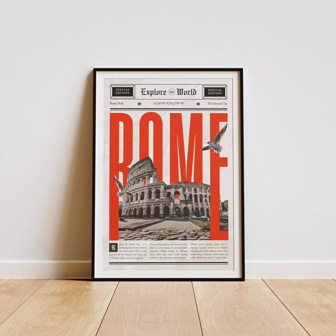 Vintage Retro Newspaper Style Rome Italy Colosseum Travel Poster