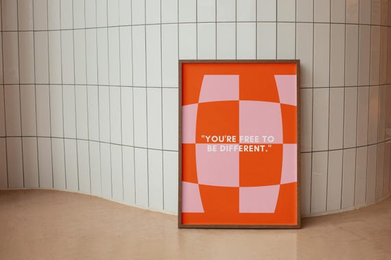 Retro Geometric Pattern Print Youre Free To Be Different Quote 70s Inspired Art Groovy Decor Bold Color Pattern Self Expression Decor
