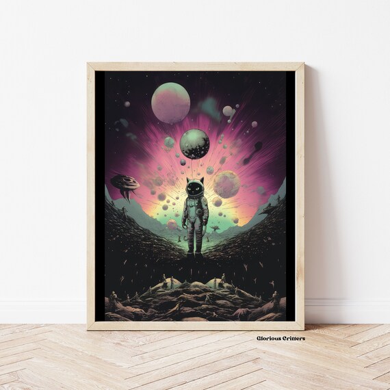Retro Cat Astronaut on Alien Planet With Pink Cosmic Nebula Poster