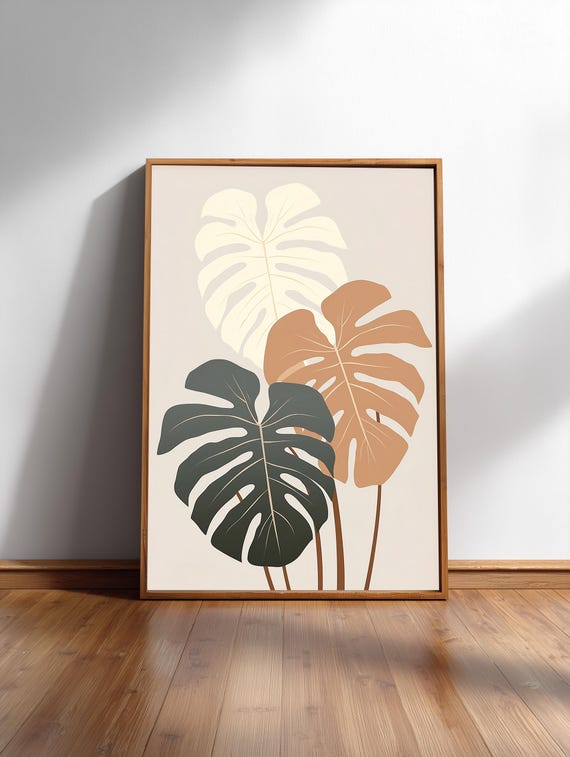 Monstera Leaves Japandi Print Minimal Botanical For Neutral Homes