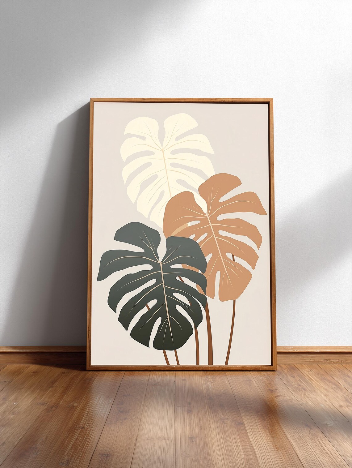 Three Monstera Leaves Botanical Poster in Green Cream and Terracotta Art