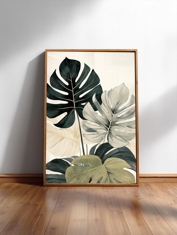Variegated Monstera Leaves Japandi Poster Green Neutral Botanical