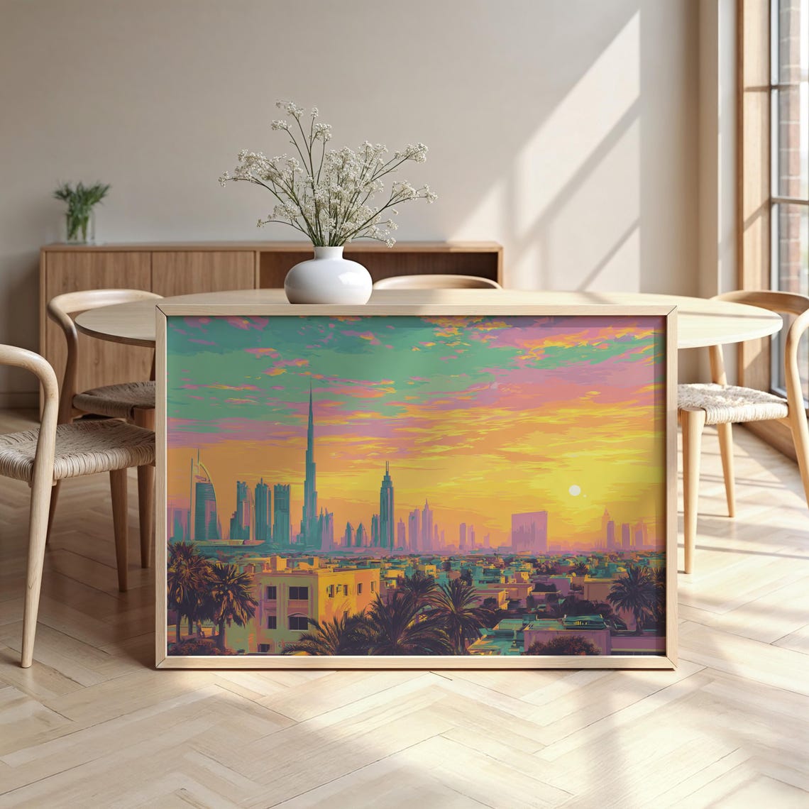 Dubai Skyline Burj Khalifa Sunset Watercolor Palm Cityscape Poster
