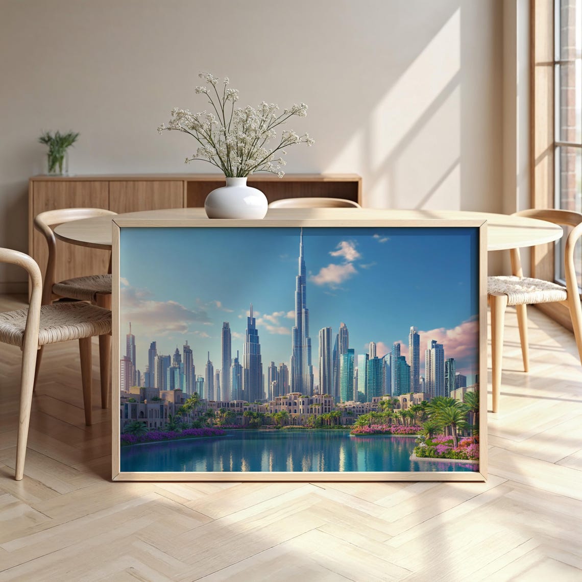 Dubai Skyline Burj Khalifa Waterfront Cityscape Framed Poster