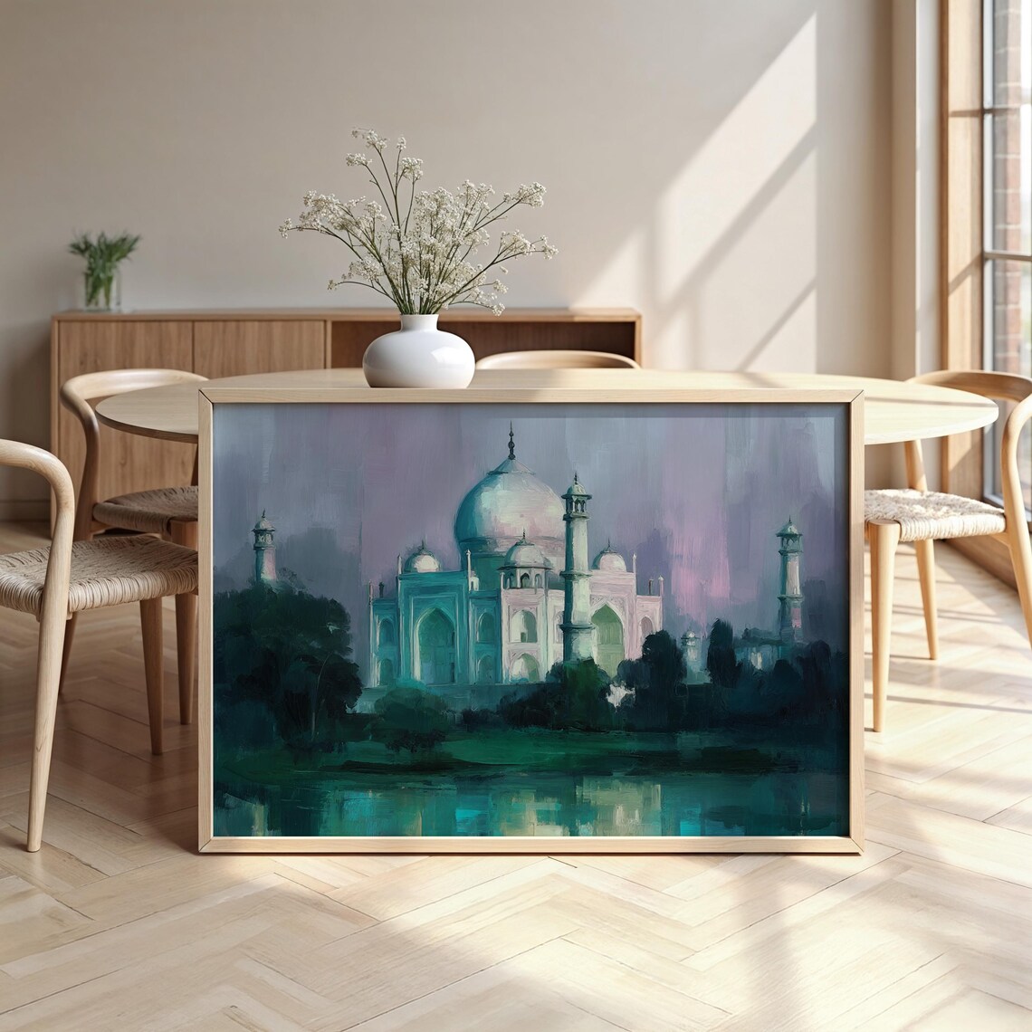 Taj Mahal Misty Dawn Pastel Reflection Serene India Landmark Travel Poster