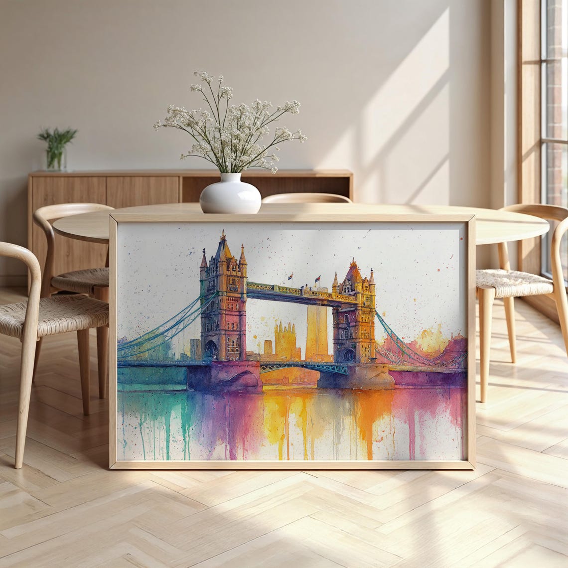 Tower Bridge London Rainbow Colorful Watercolour Drip Art Poster