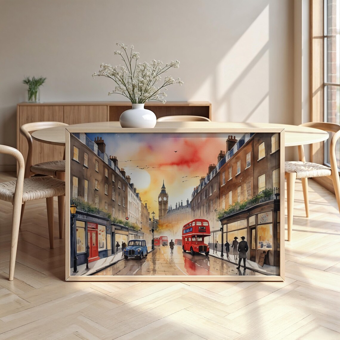London Watercolor Street Red Bus Big Ben Classic Taxi Art Poster