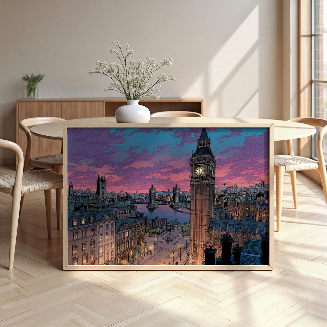 London Big Ben Tower Bridge Thames Sunset Comic Style Cityscape Poster