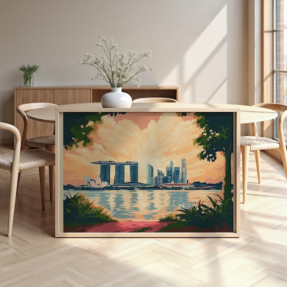 Singapore Cityscape Poster Vintage Watercolor Framed Wall Art