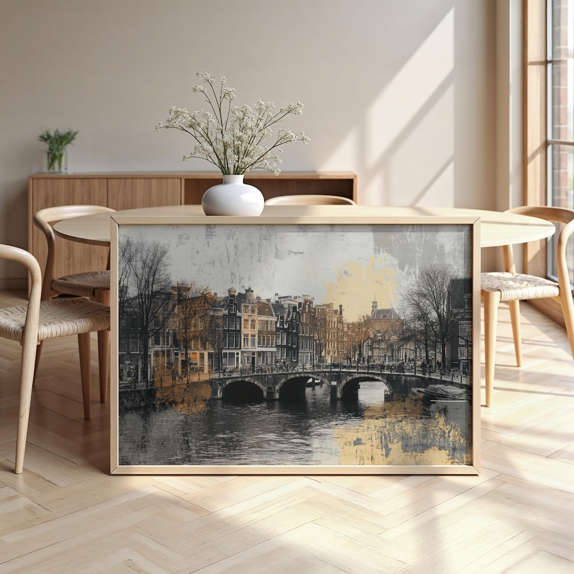 Amsterdam Canal Bridge Gold Accent Grayscale Cityscape Art Poster