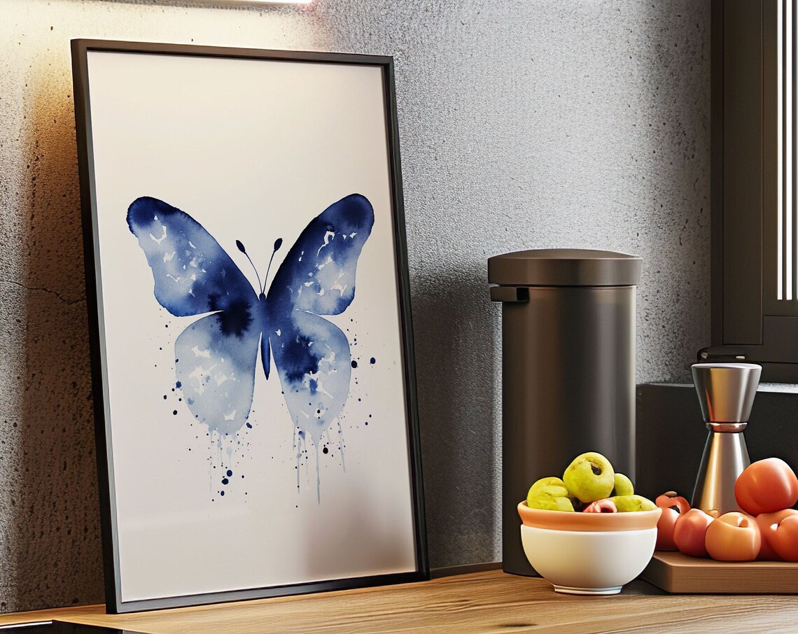 Blue Butterfly Watercolor Splash Wings Insect Garden Decor Poster