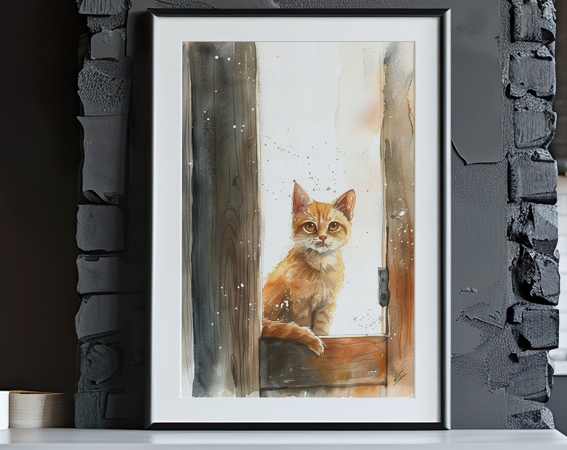 Cute Orange Kitten In Doorway Watercolor Cat Painting Poster - Image 5