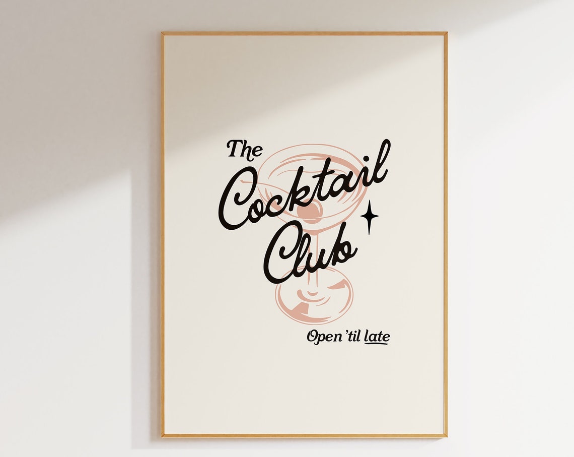 The Cocktail Club Retro Marquee Script Martini Glass Bar Cart Print