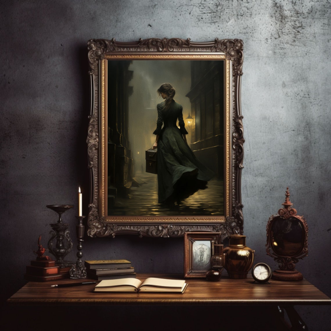 Sp101 Dark Academia Traveling Woman Vintage Moody Wall Art French Country Victorian Wall Art Victorian Portrait Satin Paper Print - Image 3