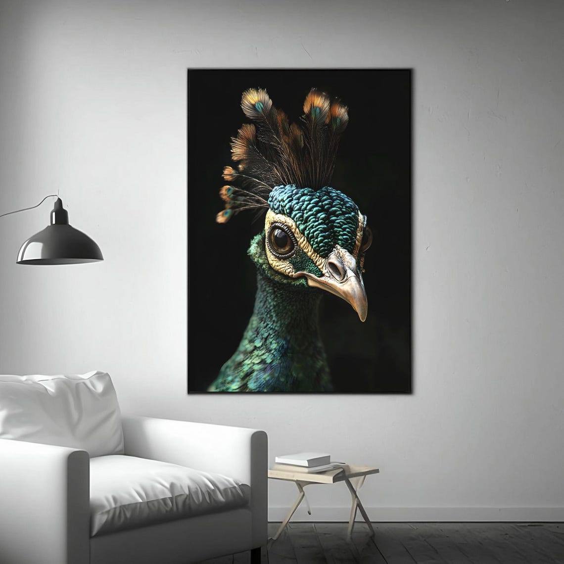 Peacock Head Close Up Iridescent Feathers Black Background Wall Print - Image 3