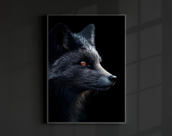 Black Fox Profile Close Up Dark Background Dramatic Wildlife Print