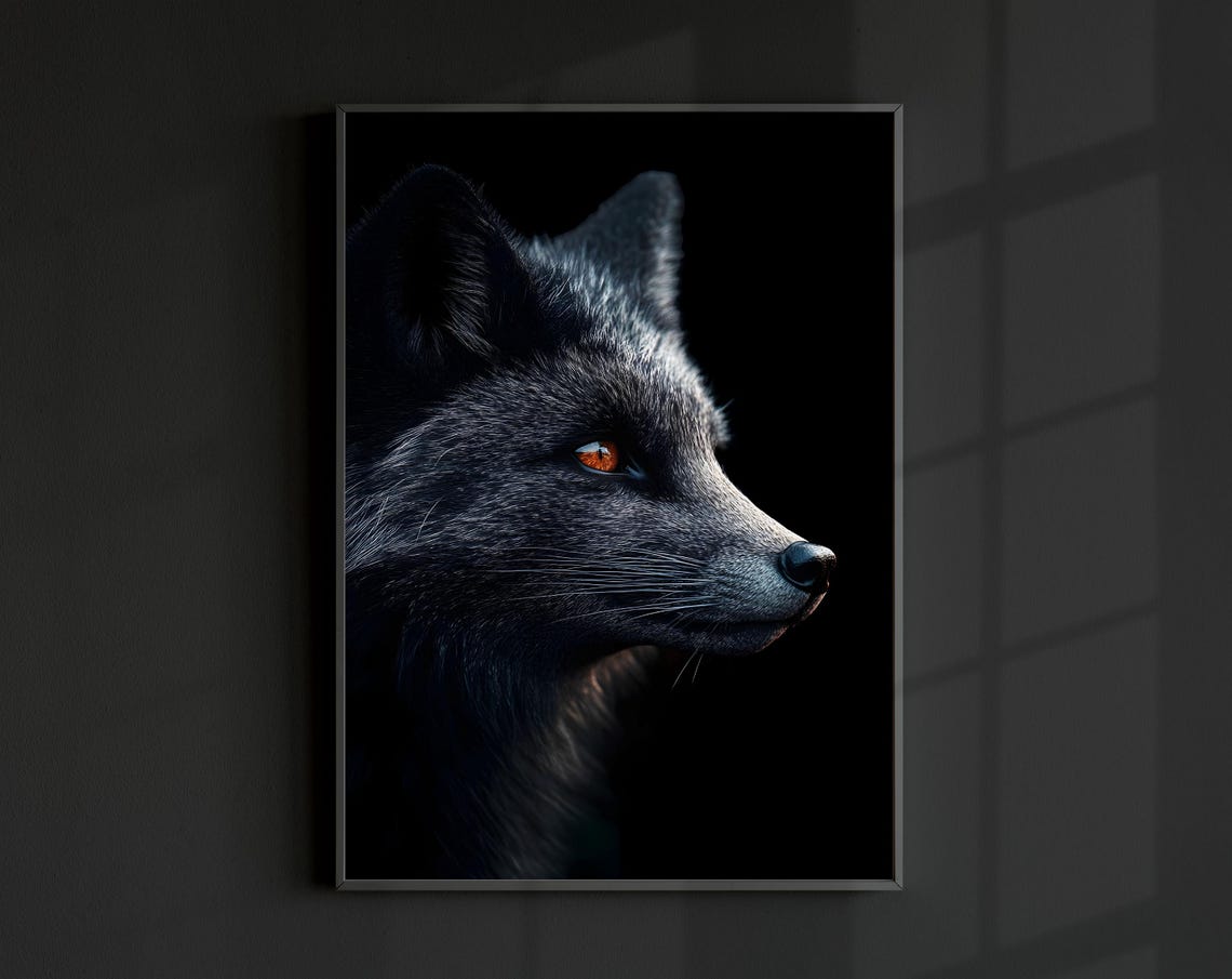 Black Fox Profile Close Up Dark Background Dramatic Wildlife Print