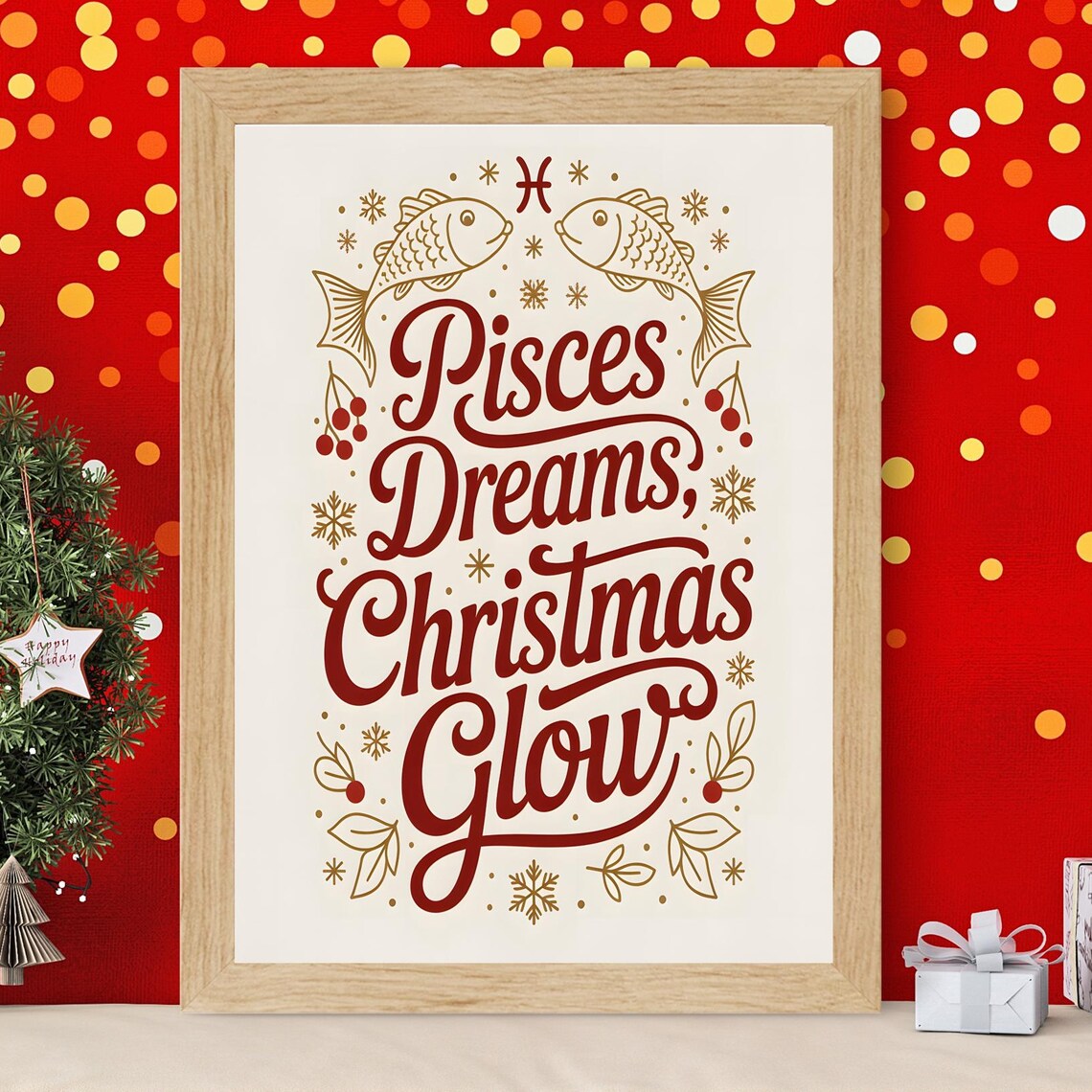 Pisces Dreams Christmas Glow Gold Zodiac Fish Lettering Art Poster