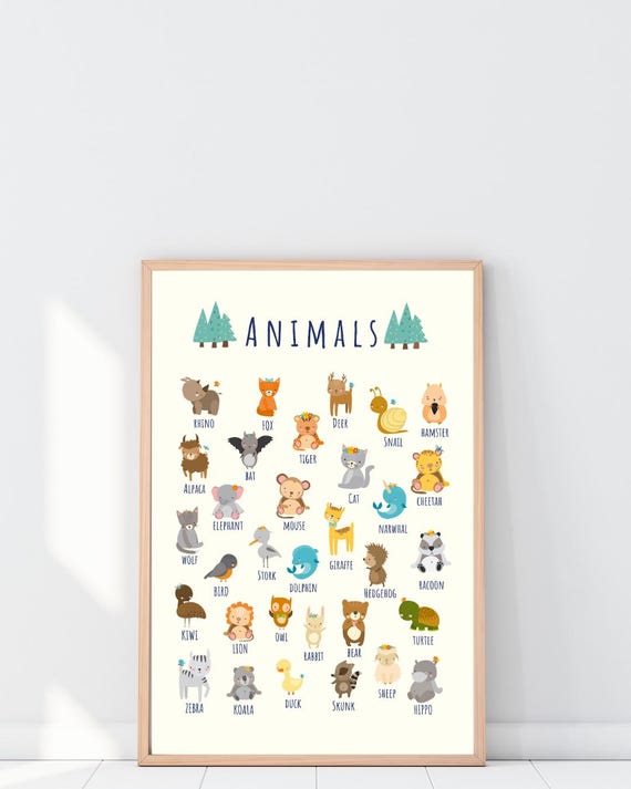 Animal Poster Cute Kids Wall Art Nursery Chart Educational Print