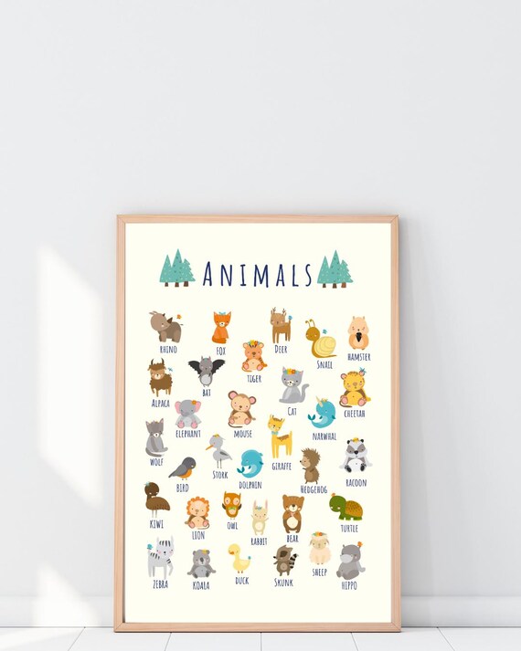 Animals Alphabet Chart Cute Illustrated Kids Learning Poster