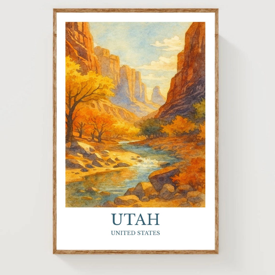 Utah Red Rock Canyon Golden River Autumn Watercolor Travel Poster
