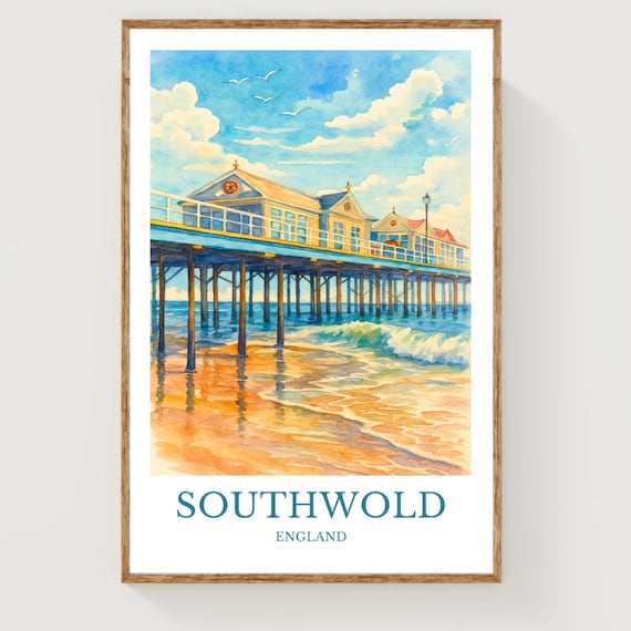 Southwold England Seaside Pier Golden Waves Watercolor Travel Poster
