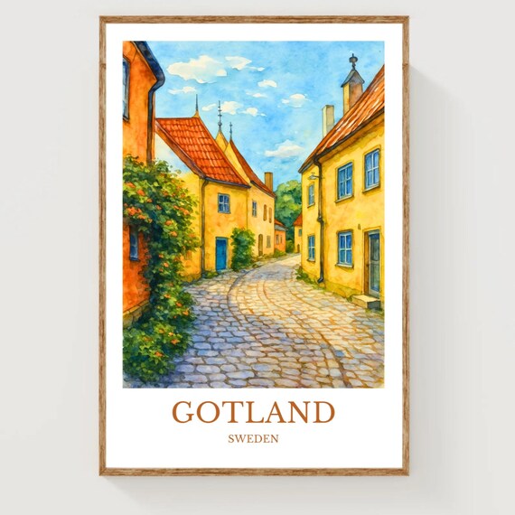 Gotland Sweden Yellow Old Town Street Watercolor Travel Poster