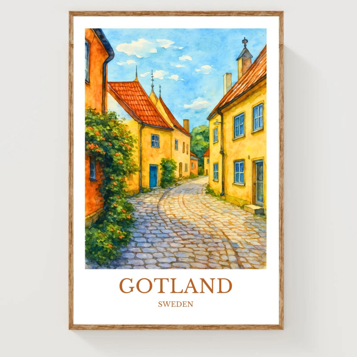 Gotland Sweden Yellow Old Town Street Watercolor Travel Poster
