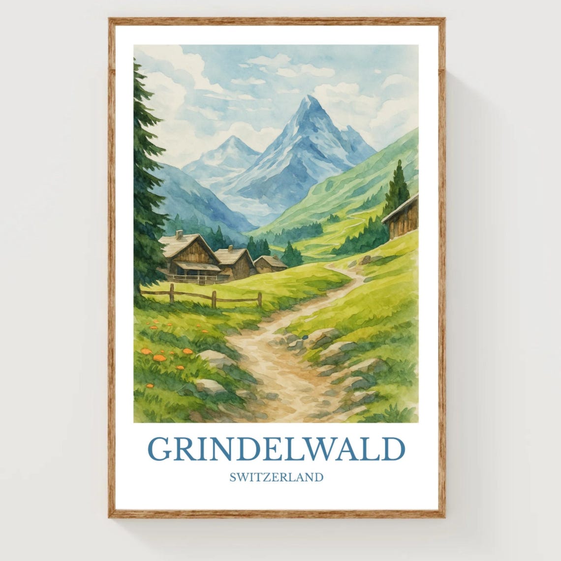 Grindelwald Switzerland Alpine Meadow Chalets Watercolor Travel Poster