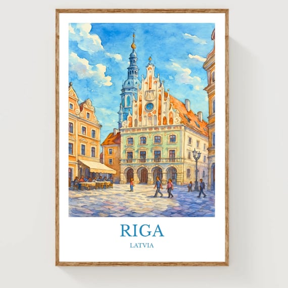Riga Latvia Old Town Square Watercolor Travel Poster City Art