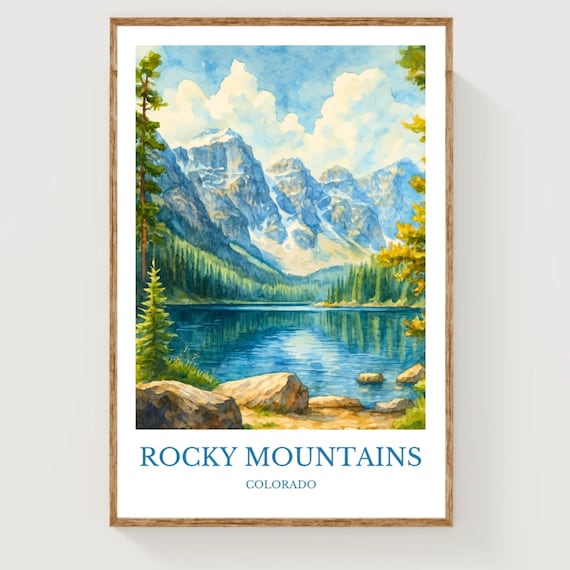 Rocky Mountains Colorado Lake Watercolor Travel Poster Alpine Peak