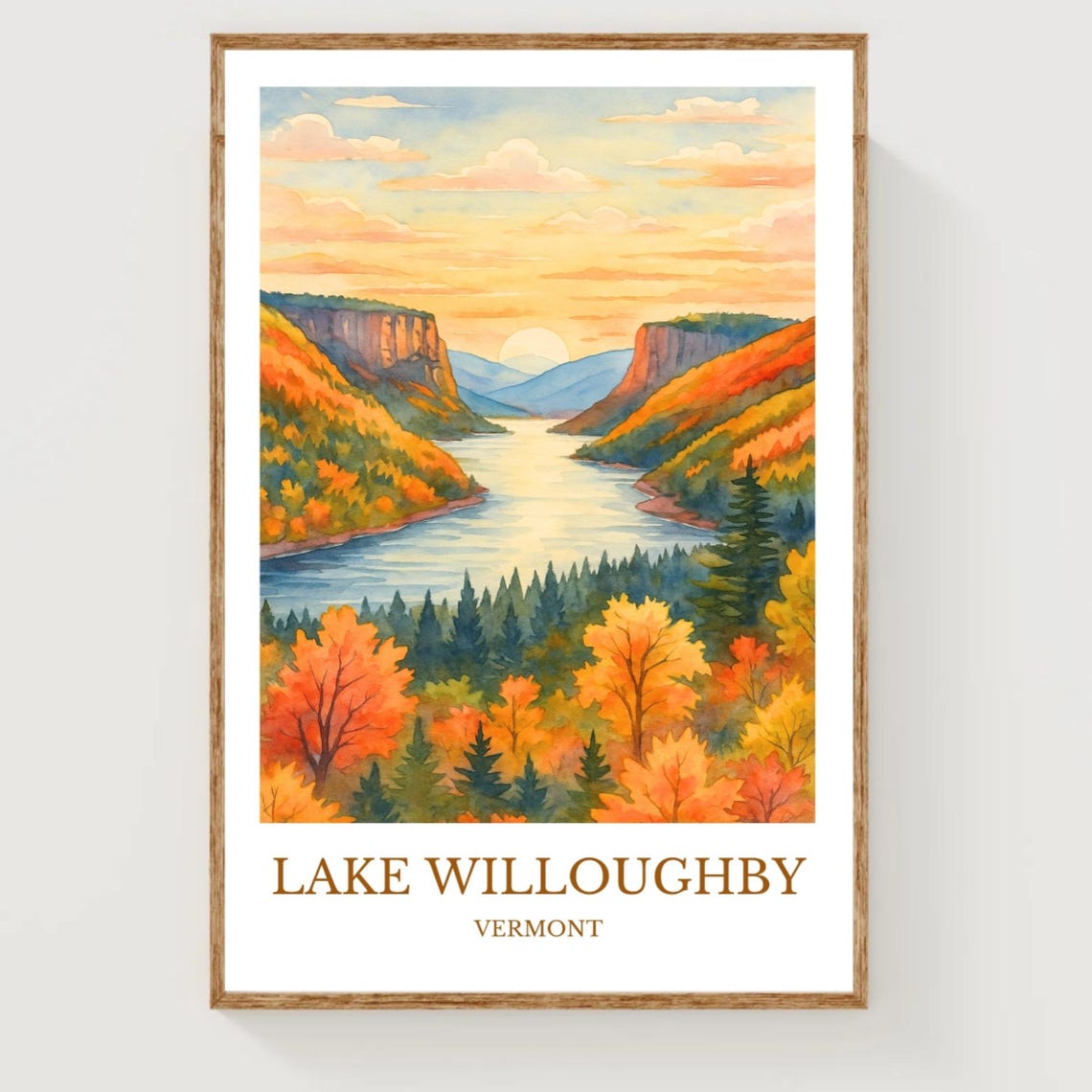 Lake Willoughby Vermont Autumn Cliffs Sunset Watercolor Poster
