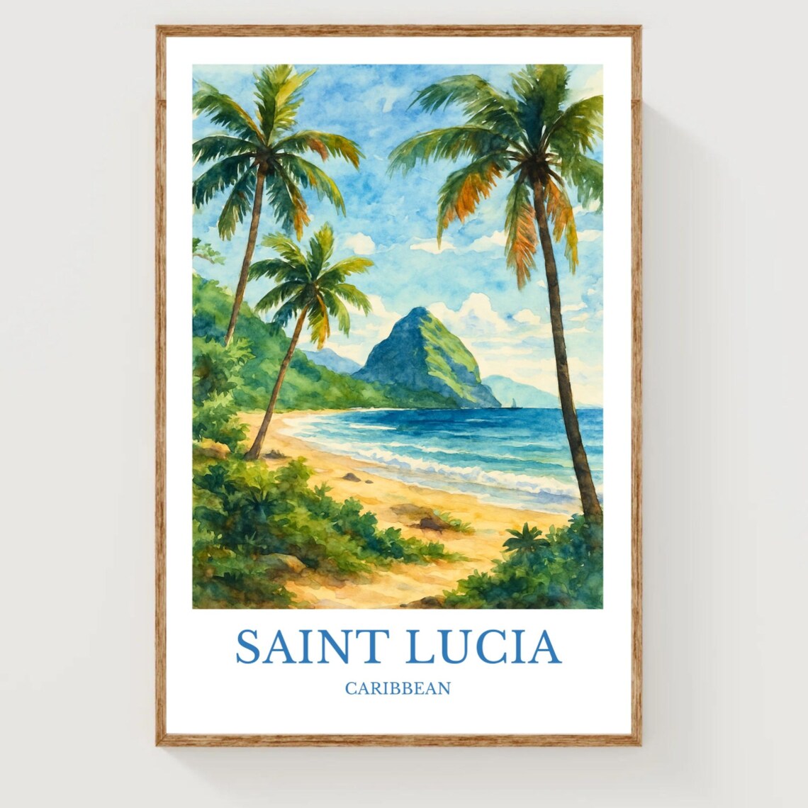 Saint Lucia Caribbean Beach Watercolor Travel Poster Palm Island Art