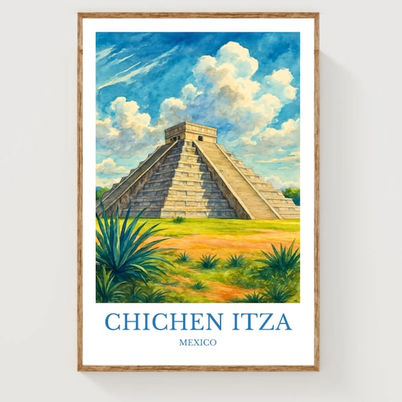 Chichen Itza Mexico Watercolor Mayan Pyramid Landmark Travel Poster