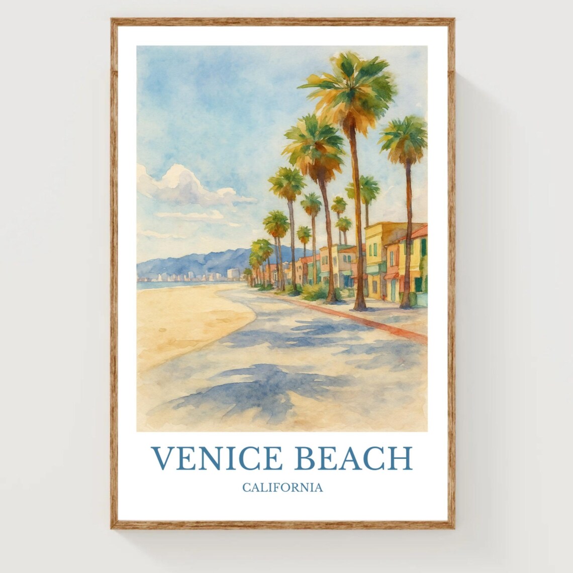 Venice Beach Palm Trees Boardwalk Watercolor California Travel Poster