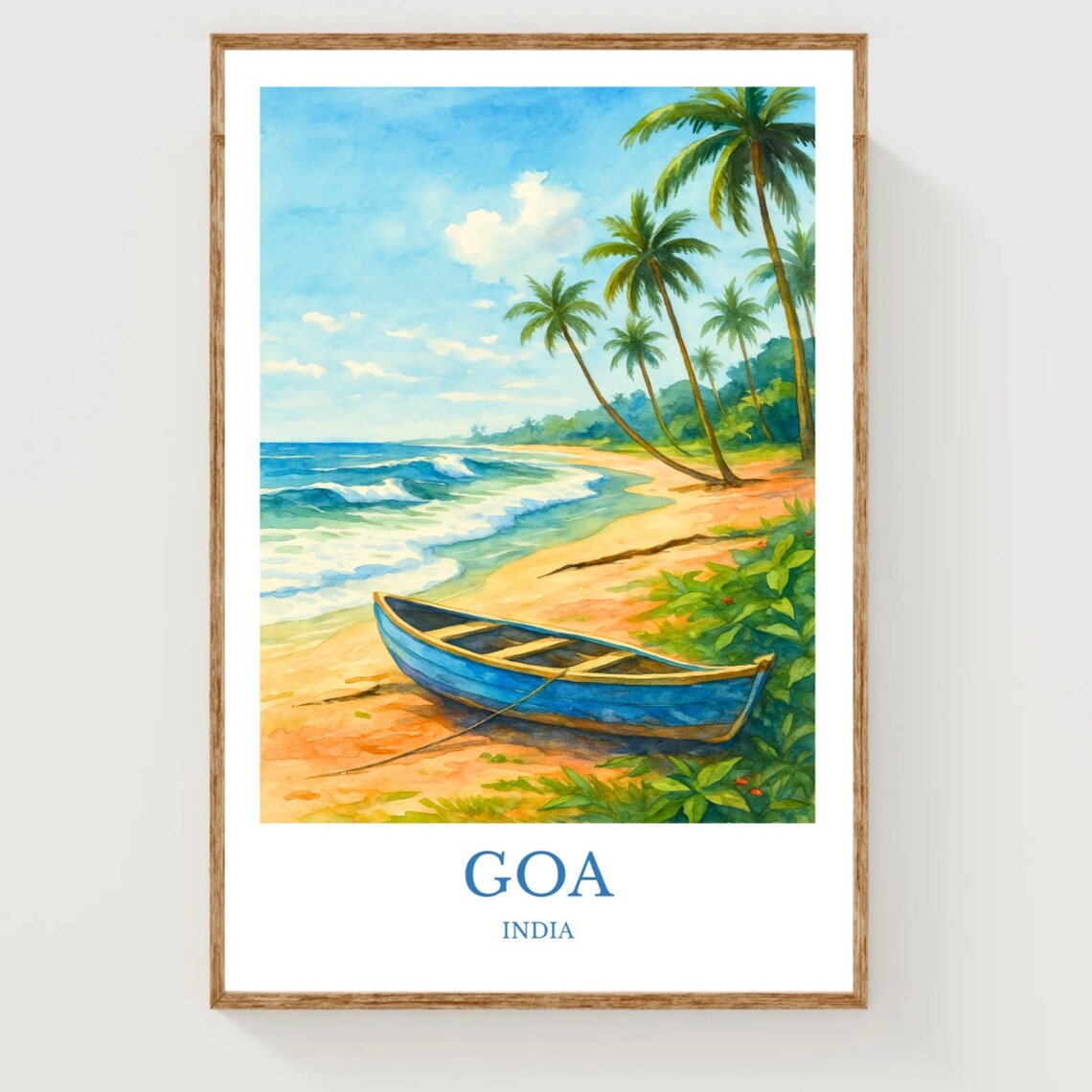 Goa India Tropical Beach Palms Fishing Boat Watercolor Travel Poster