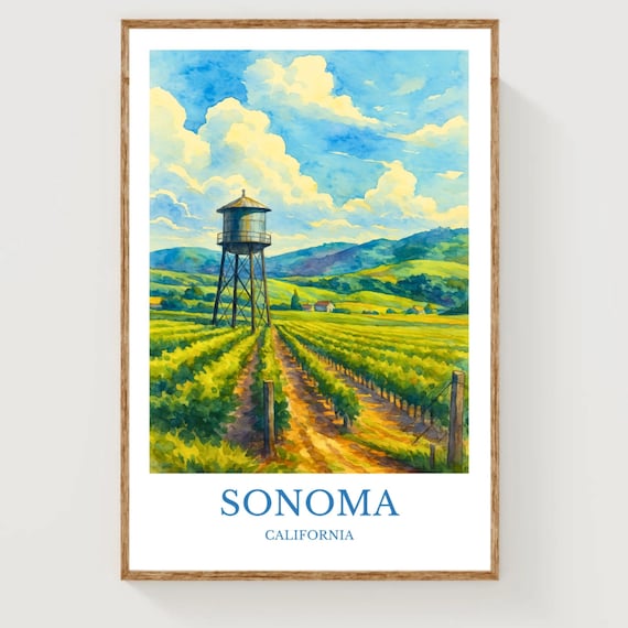 Sonoma California Watercolor Travel Poster with Vineyard Scene