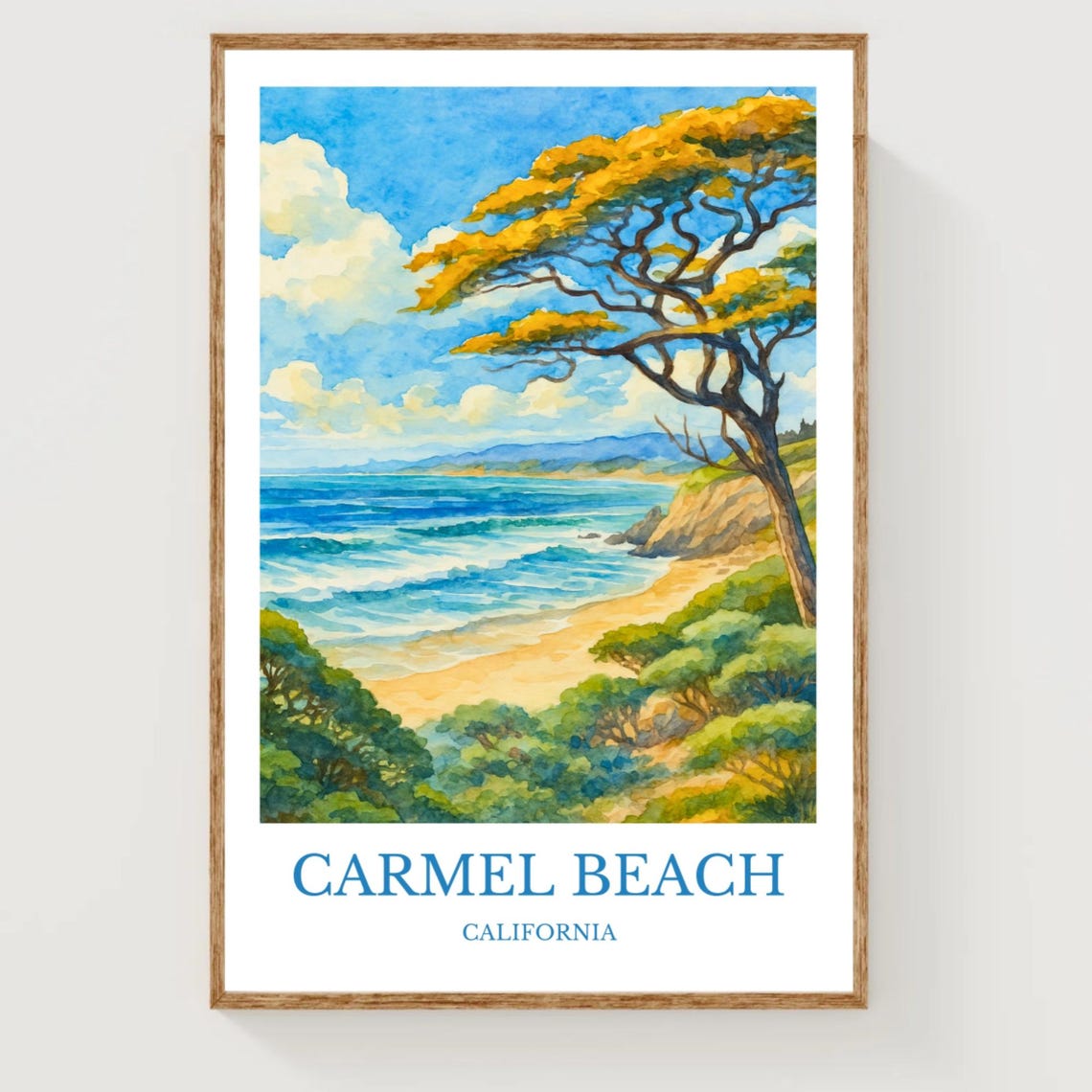 Carmel Beach California Cypress Cliff Cove Watercolor Travel Poster