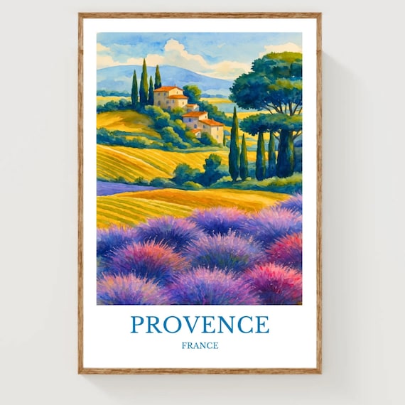 Provence France Lavender Fields Villa Watercolor Travel Poster