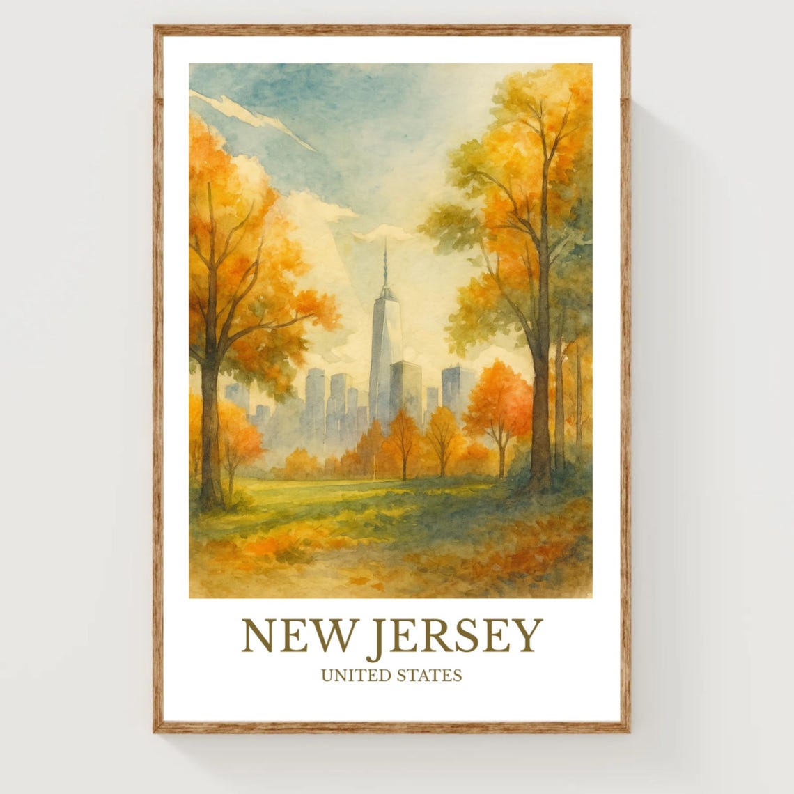 New Jersey Skyline Through Golden Autumn Trees Watercolor Poster