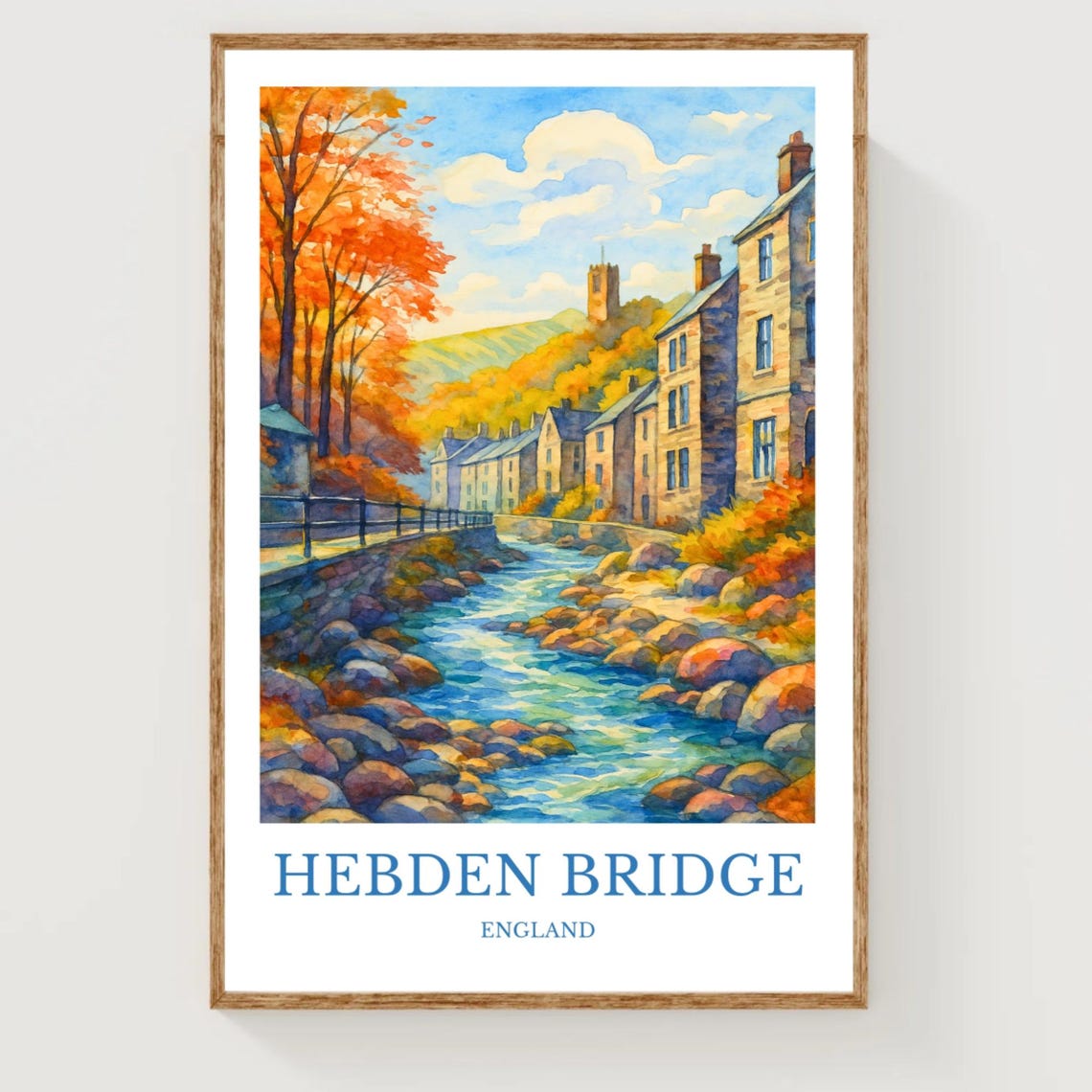 Hebden Bridge England Autumn Watercolor Travel Poster with River