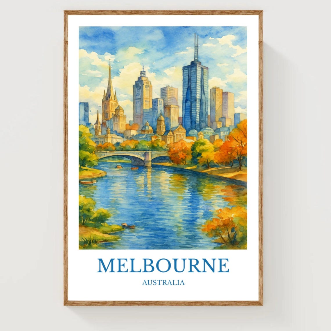 Melbourne Australia Skyline River Bridge Watercolor Travel Print