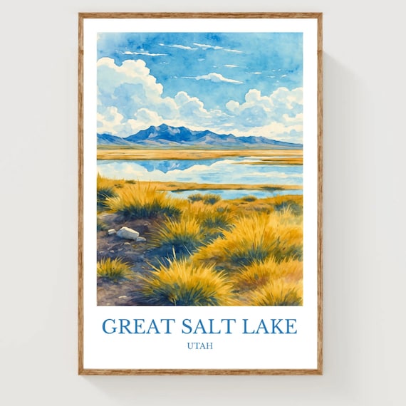 Great Salt Lake Utah Wetland Watercolor Landscape Travel Poster