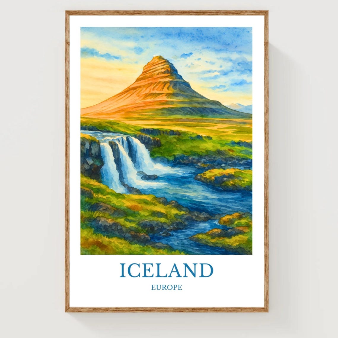 Iceland Kirkjufell Mountain Waterfall Sunset Watercolor Poster