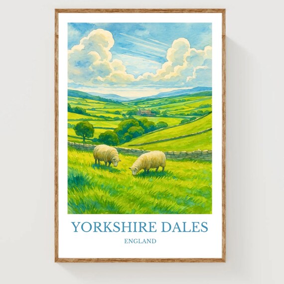 Yorkshire Dales England Sheep Grazing Green Hills Watercolor Travel Poster