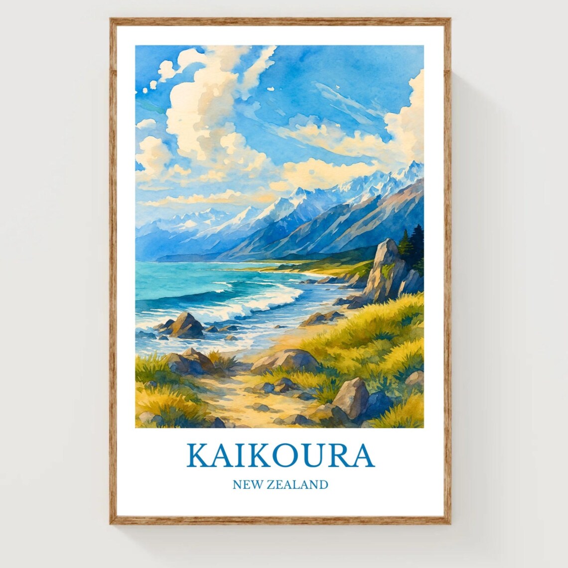Kaikoura New Zealand Rocky Coast Mountain Watercolor Travel Poster