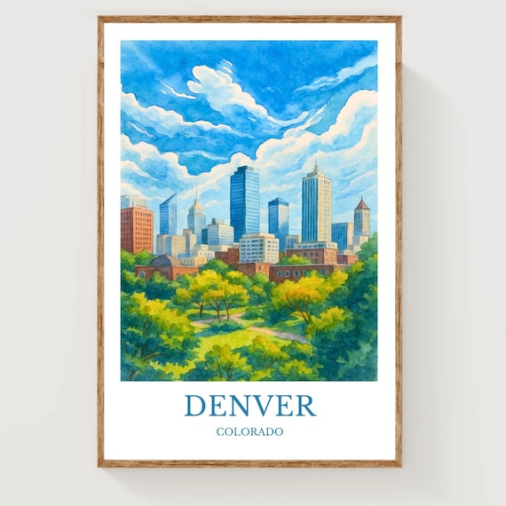 Denver Colorado Downtown Skyline Watercolor City Travel Poster
